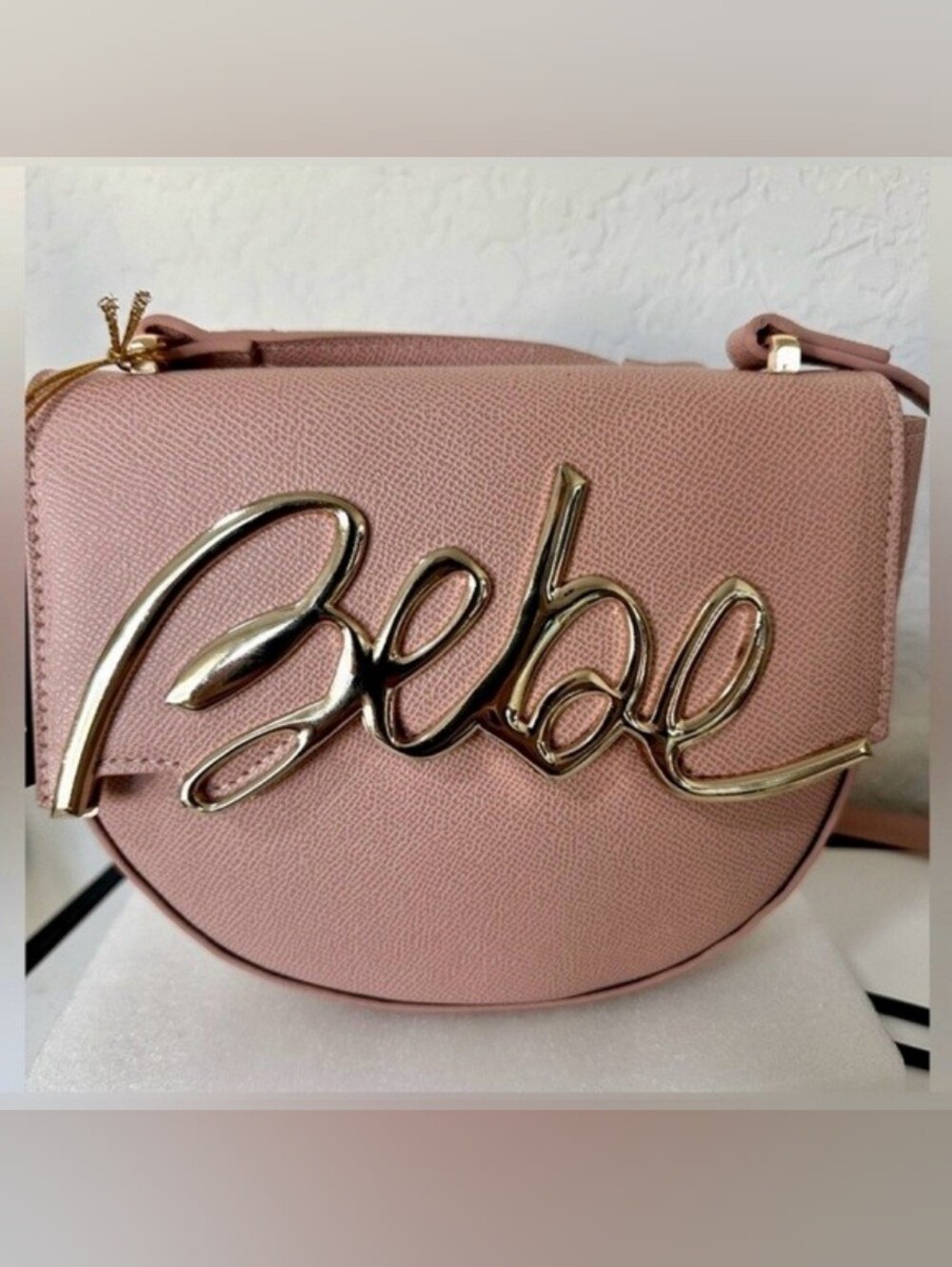 Bebe Gold Script Accent Pink Crossbody Bag